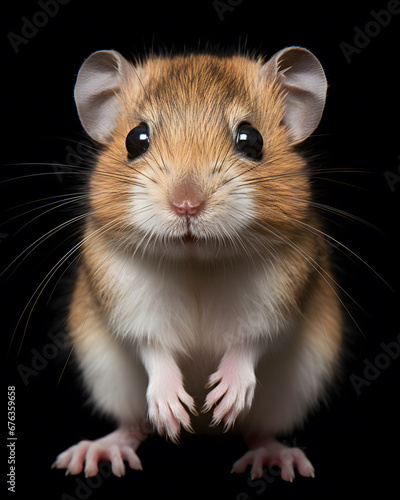 portrait of a cute baby gerbil pup with piercing eyes.
