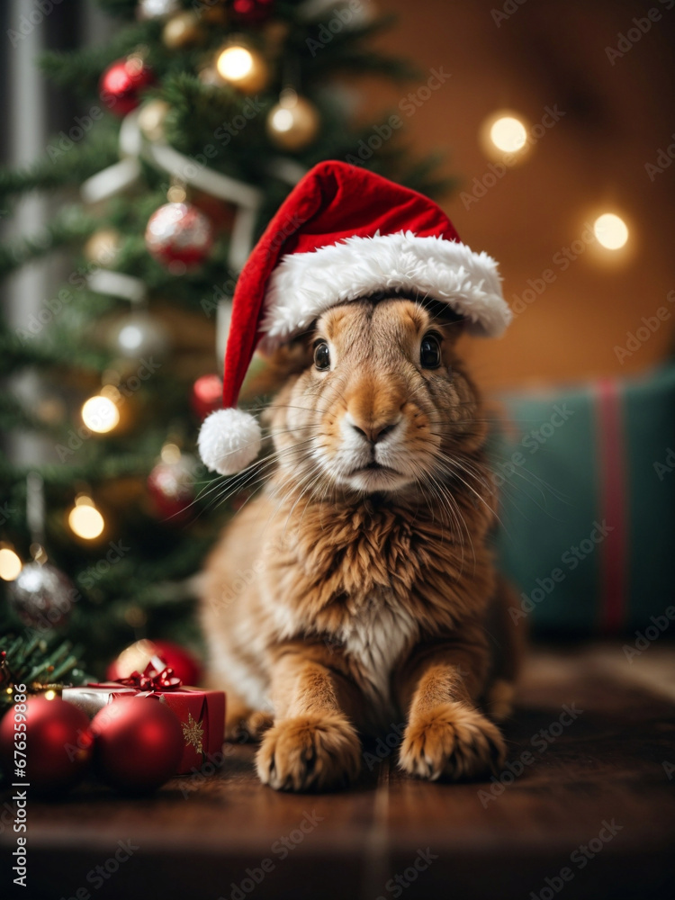 Cute hare or rabbit wearing Santa Claus red hat under the Christmas tree. Merry Christmas and Happy New Year decoration around. New Year card Cute hare or rabbit wearing Santa Claus red hat under the Christmas tree. Merry Christmas and Happy New Year decoration around. New Year card