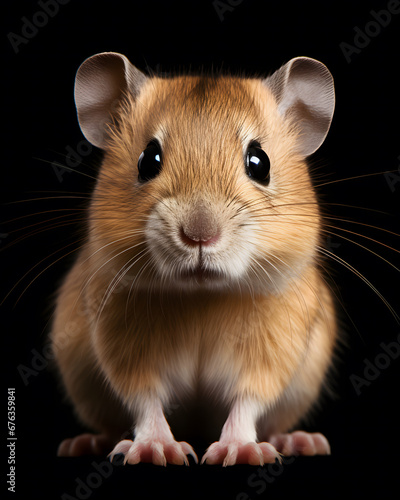 portrait of a cute baby gerbil pup with piercing eyes.