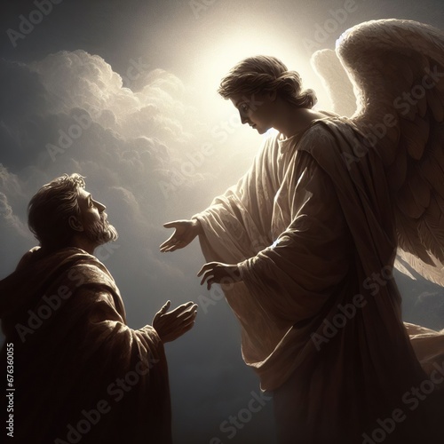 A dramatic scene in oil painting style An Angel invites an old man to heaven.
​