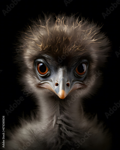 portrait of a cute baby emu  chick with piercing eye photo