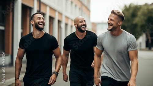 Laughing friends walking down the street after a gym. Generative AI