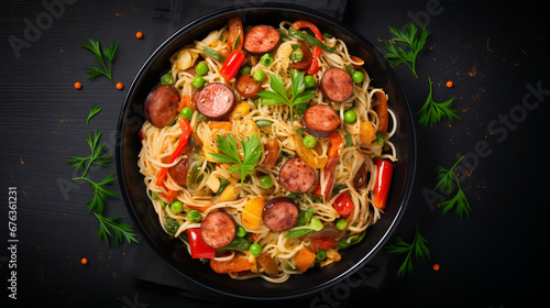 Noodles with fried Sausages. Delicious food 