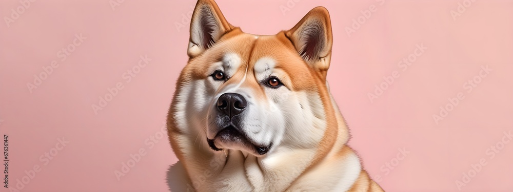 Studio portraits of a funny Akita Inu dog on a plain and colored background. Creative animal concept, dog on a uniform background for design and advertising.