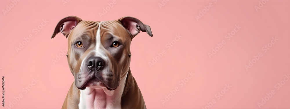 Studio portraits of a funny American Staffordshire Terrier dog on a plain and colored background. Creative animal concept, dog on a uniform background for design and advertising. Studio portraits of a funny American Staffordshire Terrier dog on a plain and colored background. Creative animal concept, dog on a uniform background for design and advertising.
