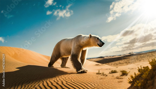 A desperate white polar bear walks in the desert looking for food and water. The heat caused by climate change has left the animal without its normal habitat.