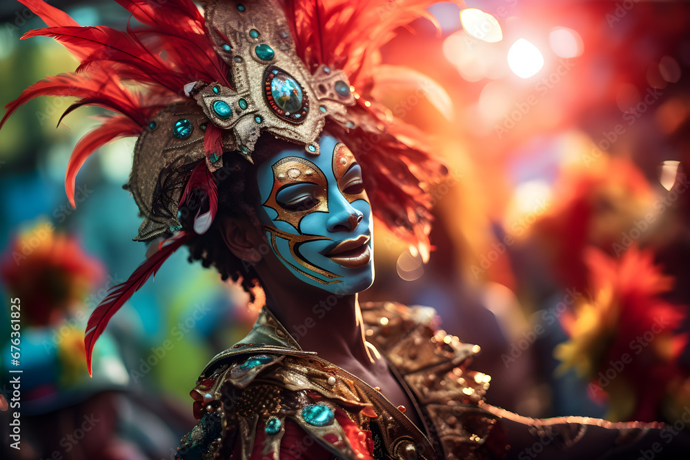 Beautiful closeup portrait of young man in traditional Samba Dance outfit and makeup for the brazilian carnival. Rio De Janeiro festival in Brazil.