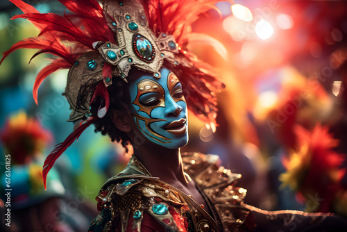 Beautiful closeup portrait of young man in traditional Samba Dance outfit and makeup for the brazilian carnival. Rio De Janeiro festival in Brazil.