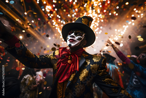 Beautiful closeup portrait of young man in traditional venetian carnival mask and costume, dancing at the national Venice festival in Italy.