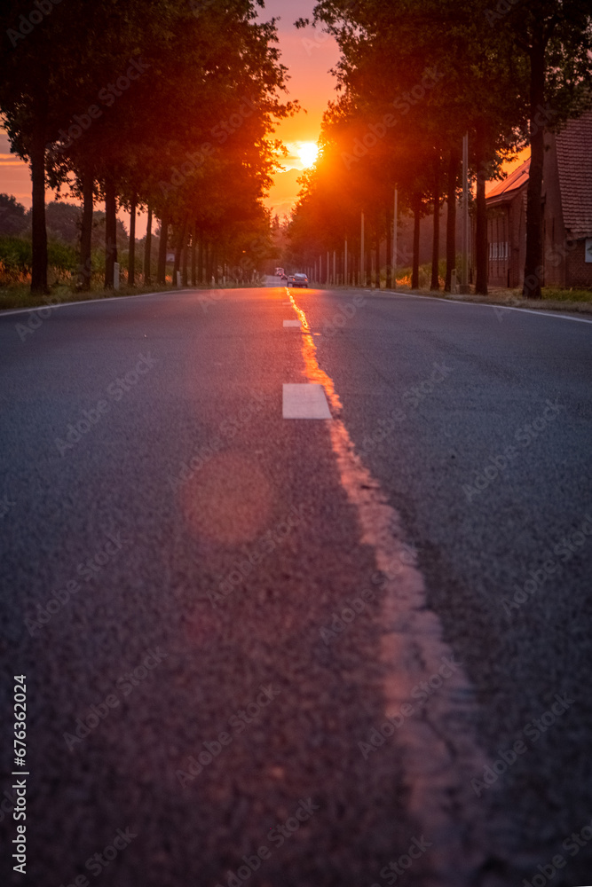This picturesque scene features the sun rising over an open asphalt road, set in the European countryside. The image perfectly captures the tranquil beauty of a sunny morning or evening, reflecting