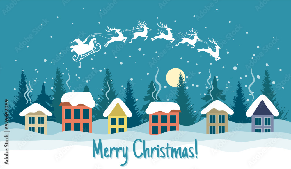 Winter landscape with cute houses, Santa on a sleigh with reindeers and the night sky. Merry Christmas greeting card template. Illustration in flat style. Vector