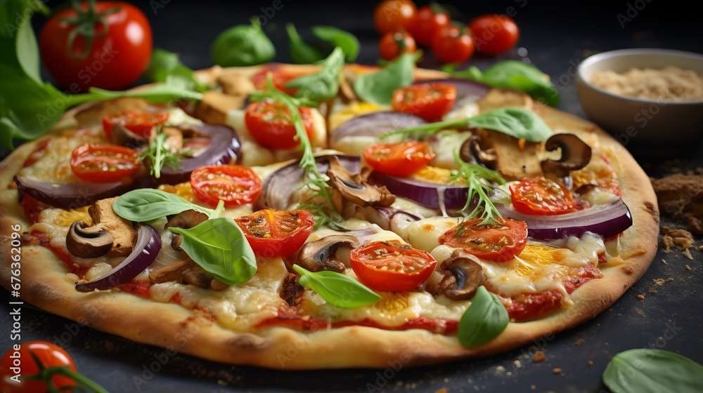 Delicate harmony of Italian homemade veggie pizza on a black table Delicate harmony of Italian homemade veggie pizza on a black table