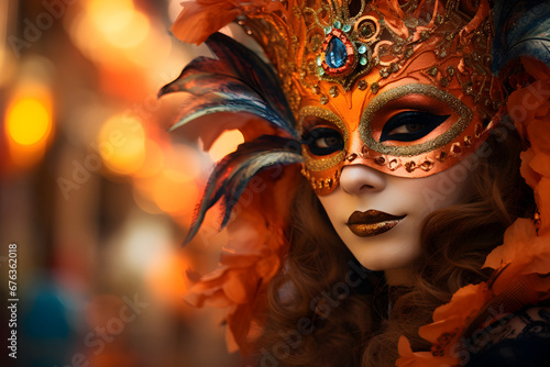 Beautiful closeup portrait of young woman in traditional venetian carnival mask and costume, at the national Venice festival in Italy. © AnaWein