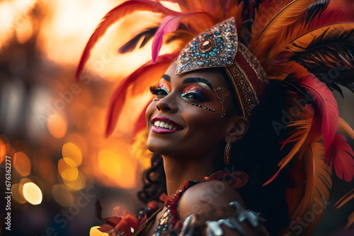Beautiful closeup portrait of young woman in traditional Samba Dance outfit and makeup for the brazilian carnival. Rio De Janeiro festival in Brazil.