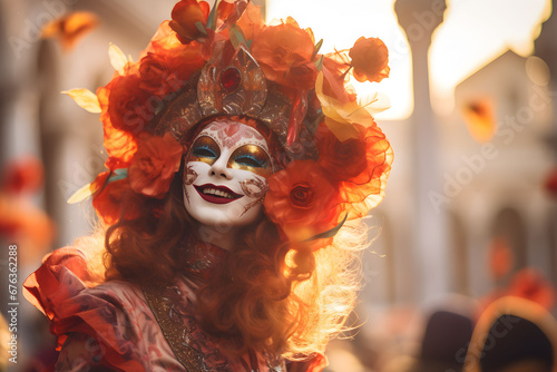 Beautiful closeup portrait of young woman in traditional venetian carnival mask and costume, dancing at the national Venice festival in Italy.