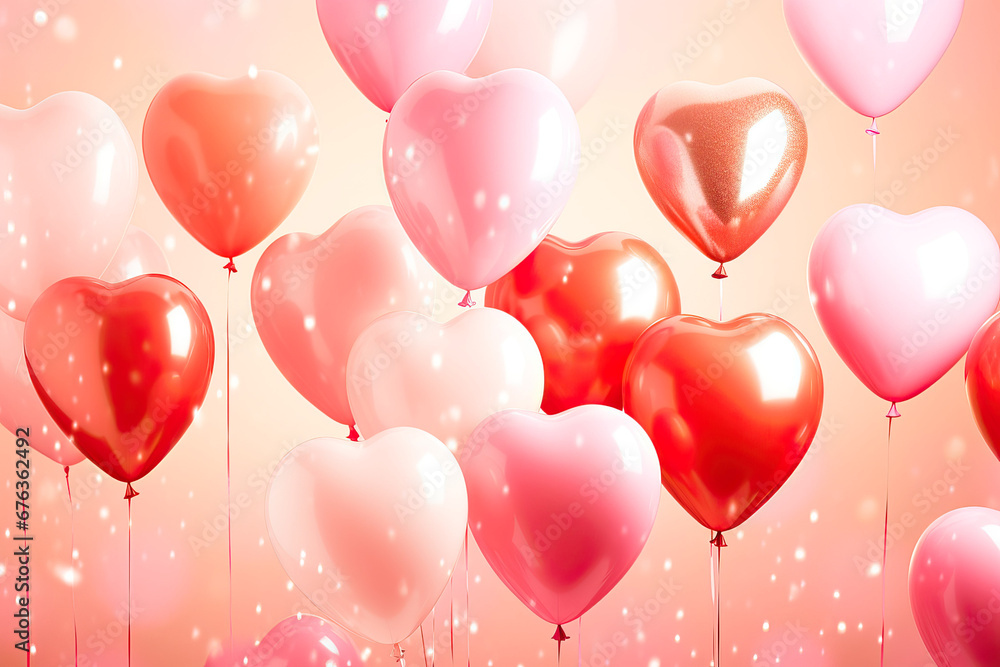 A bunch of heart shaped balloons floating in the air created with generative AI technology