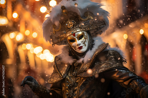 Beautiful closeup portrait of young woman in traditional venetian carnival mask and costume, at the national Venice festival in Italy. © AnaWein