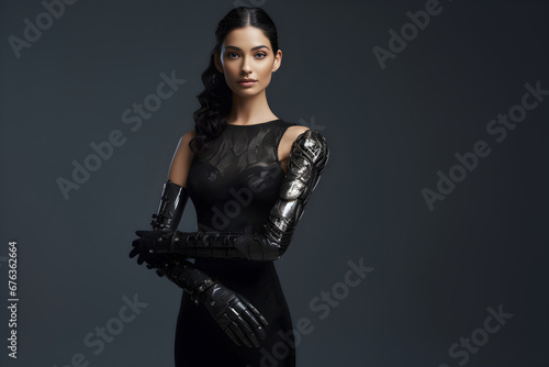 A disabled young woman in an elegant evening dress with a prosthesis instead of arms on a dark background with copy space.