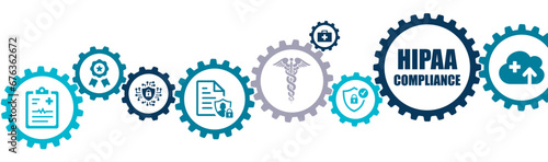 HIPAA compliance banner vector illustration with the icons of security, HIPAA security, personal data, medical compliance, cloud medical data, password security, medical information, personal files. photo