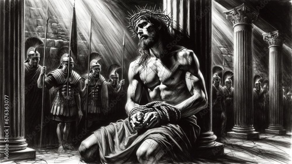 Sculpted Suffering: Monochrome of Jesus Christ Scourged and Crowned during his Passion.