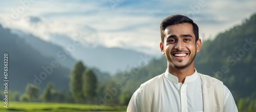 In the background of an isolated landscape a happy Indian man with a white smile on his face celebrates Eid portraying the joyous lifestyle of the Asian and Islamic people during Ramadan photo