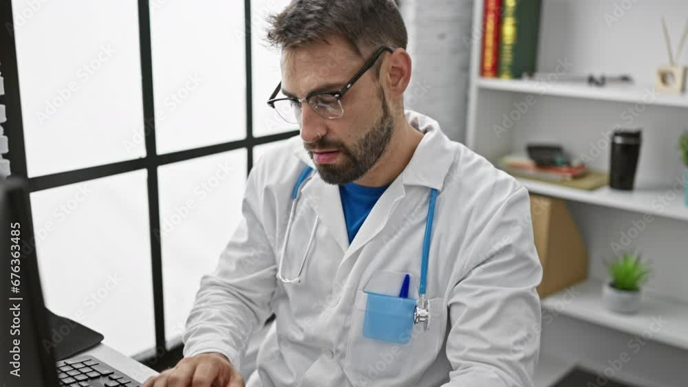 Confident young hispanic man working as a doctor at the clinic, smiling behind the computer Confident young hispanic man working as a doctor at the clinic, smiling behind the computer