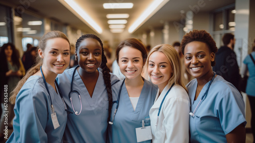 Portrait of successful medical students standing together in a hospital, wearing matching scrubs and displaying a happy expression photo