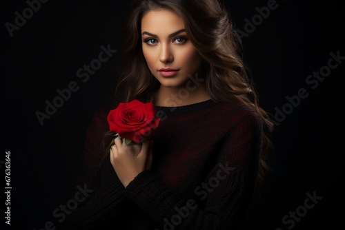 person with rose, woman, rose, beauty, red, flower, face, hair, fashion, love, glamour, roses, flowers