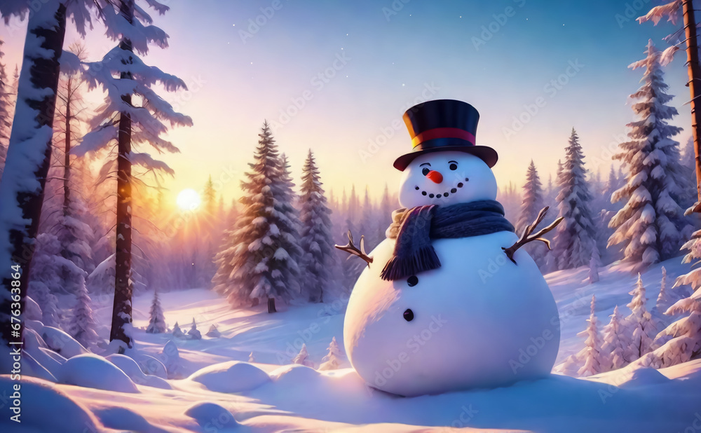 Fantastic winter landscape with a snowman. AI Fantastic winter landscape with a snowman. AI