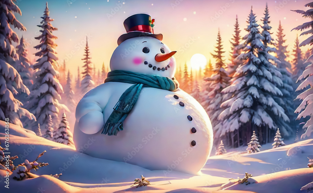 Obraz premium Fantastic winter landscape with a snowman. AI