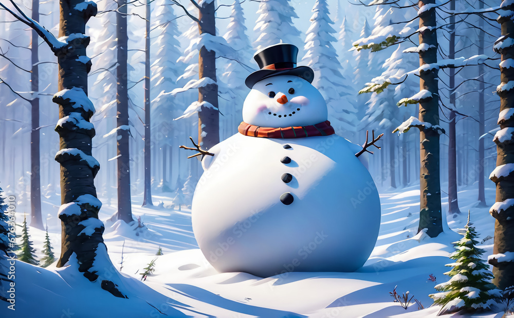 Fototapeta premium Fantastic winter landscape with a snowman. AI