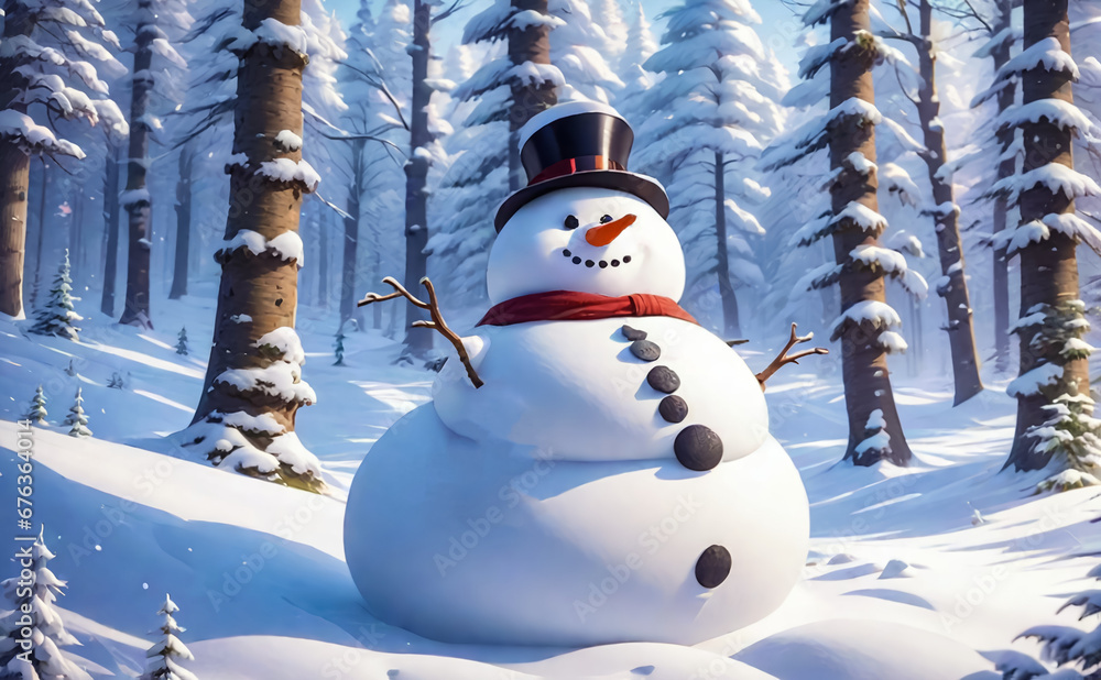Obraz premium Fantastic winter landscape with a snowman. AI