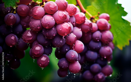 Red grapes on vineyard tree with water dropplets.