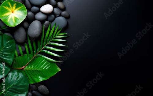 Still life photo of stones, green and palm leaves and candles over black background. Spa and relax concept with copy space.  photo