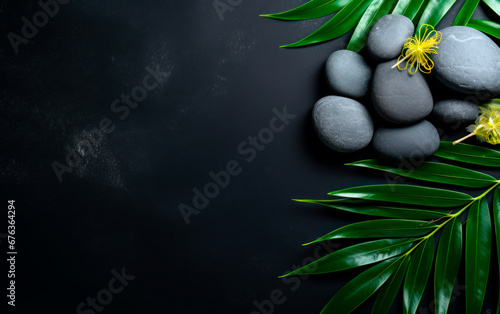 Still life photo of stones, green and palm leaves and candles over black background. Spa and relax concept with copy space. 