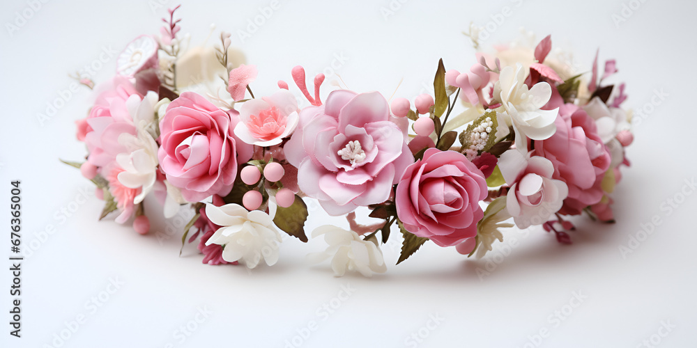 A close up of a flower wreath made of flowers on a white surface, wreath of fabric flowers isolated on white background