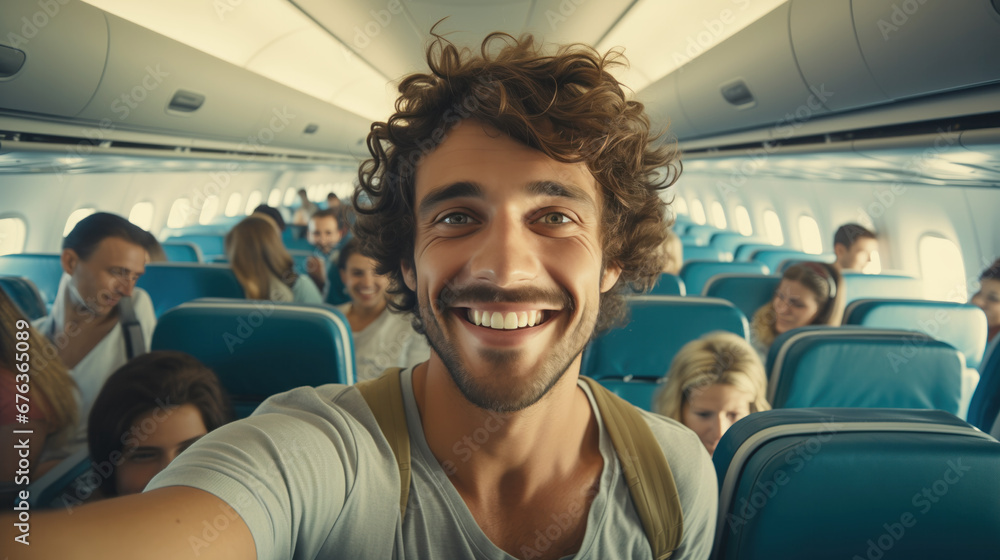 Happy young man taking a selfie picture with a smart mobile phone while boarding an airplane Happy young man taking a selfie picture with a smart mobile phone while boarding an airplane