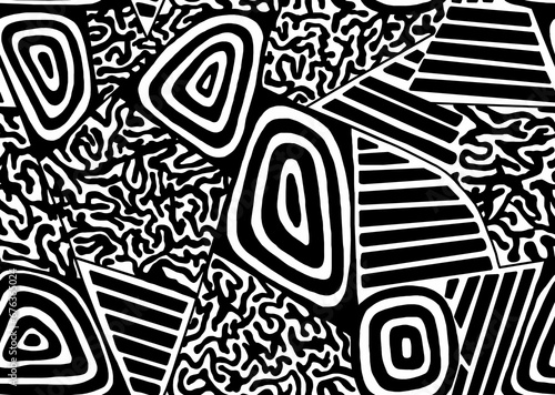 A black and white hand-drawn drawing of geometric shapes.Seamless pattern.