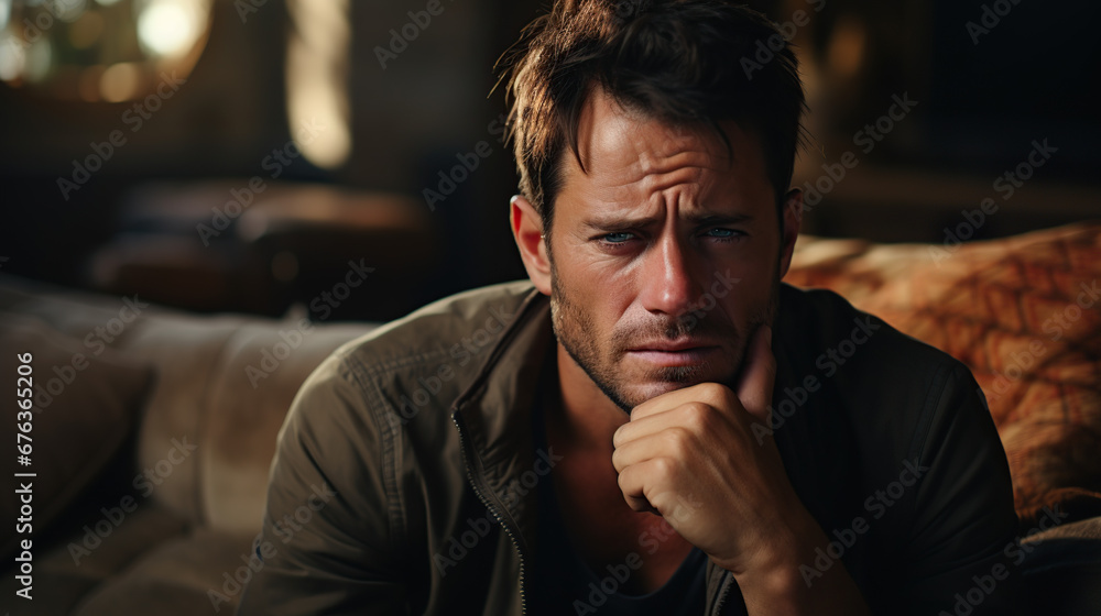 unpleasant pain A sad handsome young man sits on the sofa and has a headache. unpleasant pain A sad handsome young man sits on the sofa and has a headache.