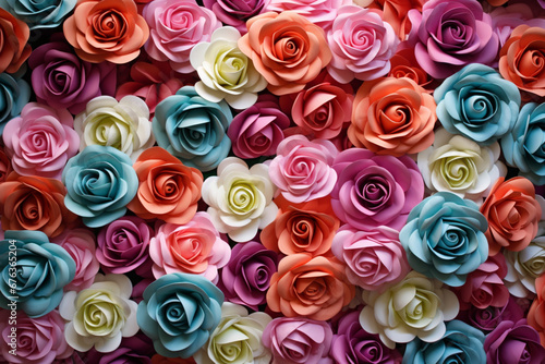 Colorful paper flowers on wooden background. Top view with copy space