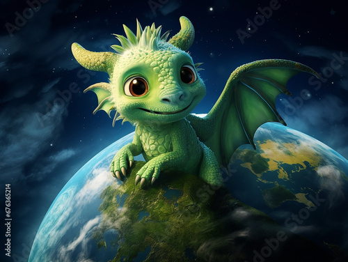 A cute little green oriental dragon on the blue planet Earth © Marina