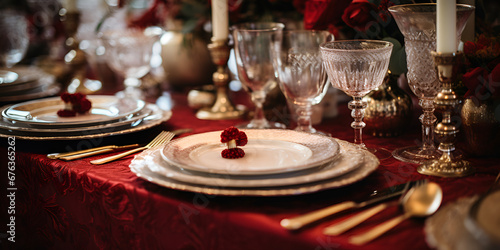 Sophisticated table setting, tailored for memorable parties, Christmas festivities, holidays, and weddings, Drinks in glasses for the new year eve celebration