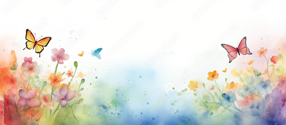 The background of the watercolor design beautifully captures the vibrant colors of the summer sky while the floral illustrations and whimsical butterflies celebrate the beauty of nature in t The background of the watercolor design beautifully captures the vibrant colors of the summer sky while the floral illustrations and whimsical butterflies celebrate the beauty of nature in t