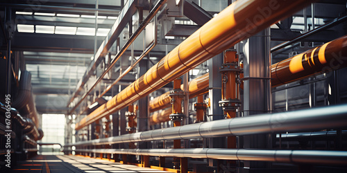 A large industrial room with orange pipes and a large, Industrial zone, Steel pipelines, valves and pumps photo
