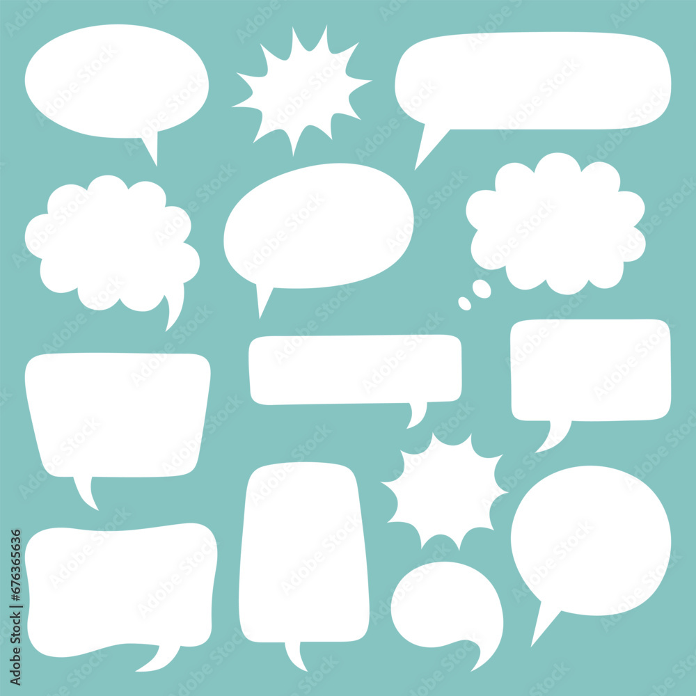 Cartoon speech bubble set with various shapes. Thinking sign, chatting box or message box. Vector cloud or empty dialog frame on coloured background. - obrazy, fototapety, plakaty 