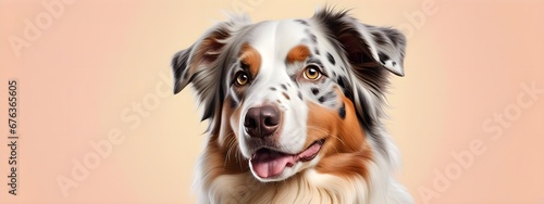 Studio portraits of a funny Australian Shepherd dog on a plain and colored background. Creative animal concept, dog on a uniform background for design and advertising.