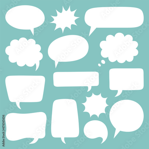 Cartoon speech bubble set with various shapes. Thinking sign, chatting box or message box. Vector cloud or empty dialog frame on coloured background.