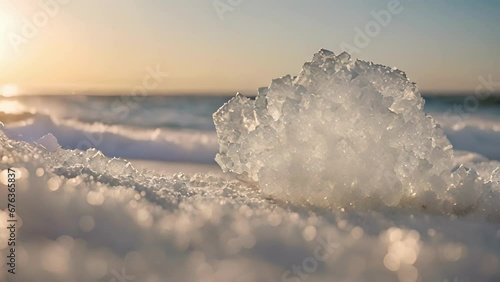 camera focuses single suspended salt crystal, allowing viewer intricate layers textures crystallized salt, shaped relentless coastal winds. photo