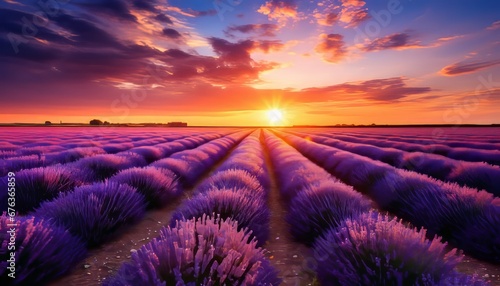 Breathtaking panoramic view of a stunning landscape with vibrant lavender field at sunset