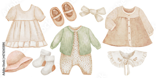 Watercolor illustration set with baby clothes, dress, shoes, socks, jacket, bow, collar. Isolated on white background. Hand drawn clipart. Perfect for card, postcard, tags, invitation, printing